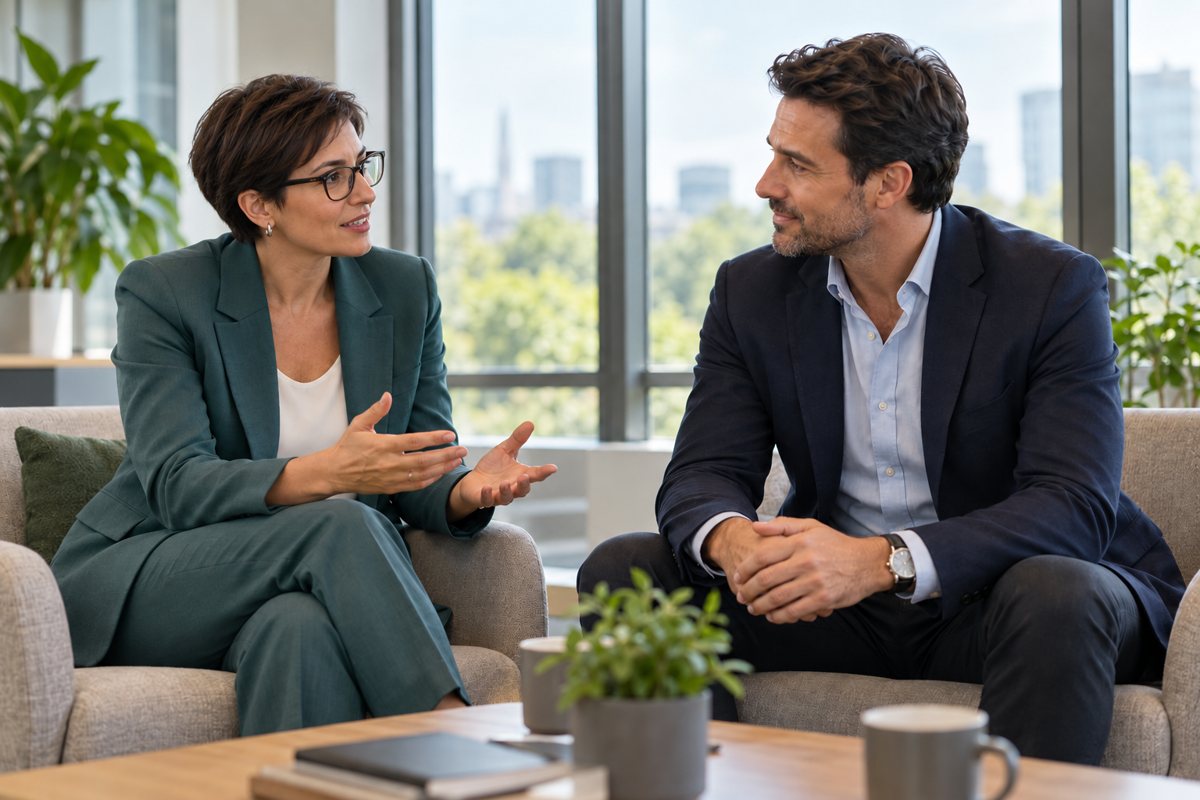 A woman with short hair and glasses in conversation with a male colleague