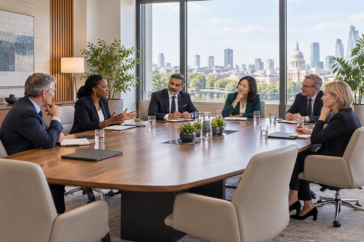 A diverse group of senior leaders in a boardroom discussion