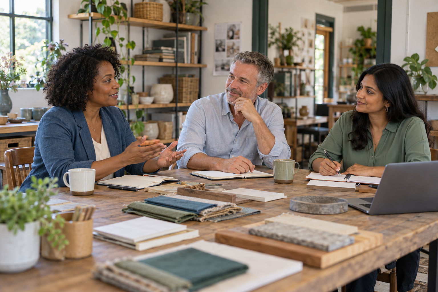 Three small-business colleagues discussing plans around a table
